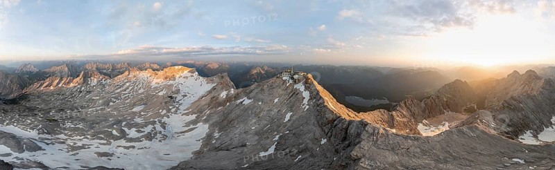 Sunrise, Alpine panorama, aerial view, Zugspitze and Zugspitzplatt with glacier, high mountains, Bavaria, Germany, Europe