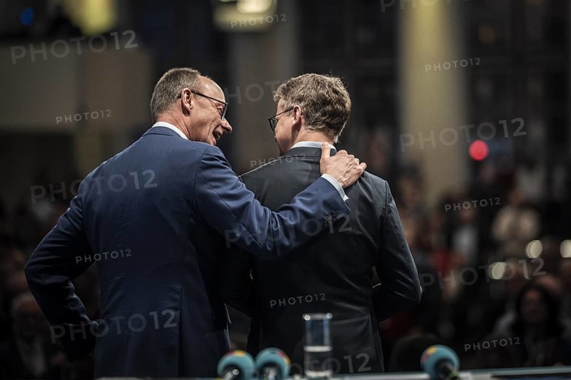 CDU Secretary General Carsten Linnemann attends the CDU policy convention in Cologne, 1 March 2024, with Friedrich Merz