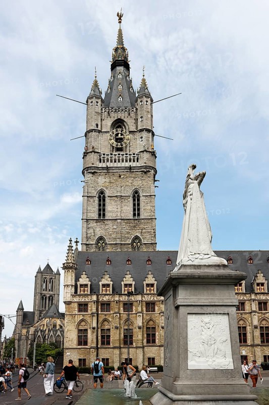 Belfry with Cloth Hall and St Nicholas' Church (rear), UNESCO World Heritage Site, Ghent, Flanders, Belgium, Europe
