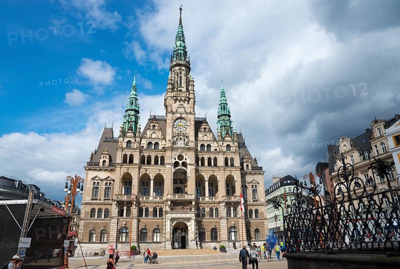 Gothic town hall with baroque architecture under a blue sky, people in the foreground, town hall, Liberec, Reichenberg, Bohemia, Czech Republic, Europe