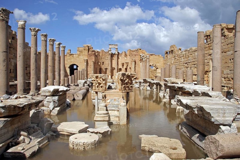 Roman ruins of the Severan Basilica at Leptis Magna, Lectis Magna, Lepcis Magna in Khoms, Al Khums near Tripoli, Libya, North Africa, Africa