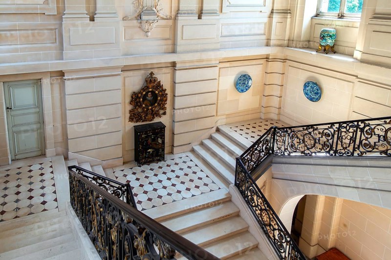 Stone staircase at Château de Bel?il, Baroque moated castle in Beloeil and residence of the princes of Ligne, province of Hainaut, Wallonia, Belgium, Europe