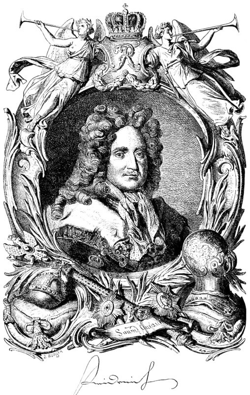 Portrait of Frederick I, as Frederick III Elector of Brandenburg and Duke of Prussia, since 1701 as Frederick I King of Prussia, ornamentation, royal crown, inscription R for Rex, and suum cuique or to each his own, curly wig, trumpeting angels, royal insignia, historical illustration 1882