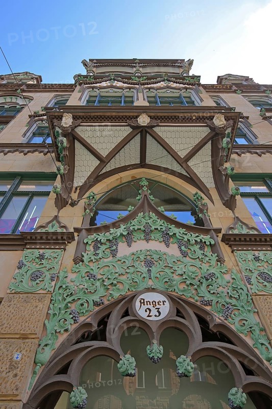 Oriel with decorations on historic commercial building, view upwards, detail, inscription, house number, street name, Anger 23, Erfurt, Thuringia, Germany, Europe