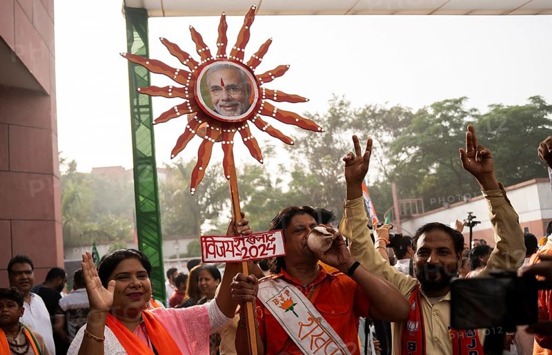 New Delhi, India, 4 June 2024. Bharatiya Janata Party (BJP) supporters celebrate as India's Prime Minister Narendra Modi being won the general elections for third time, in Delhi, Asia