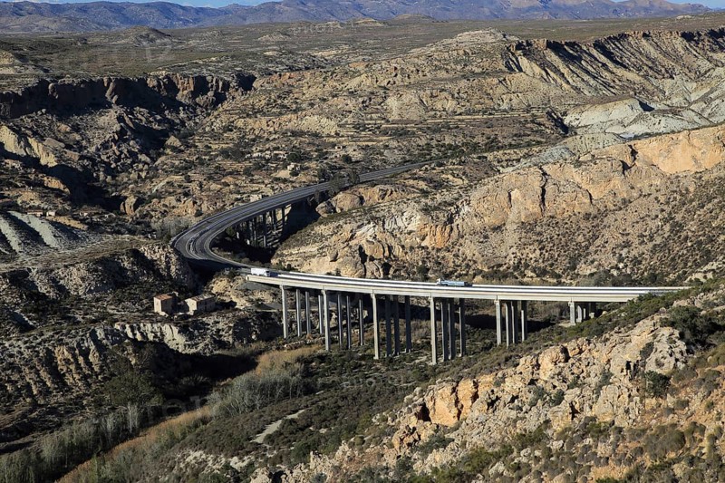 Motorway A7 road running through limestone desert, Paraje Natural de Karst en Yesos, Almeria, Spain, Europe