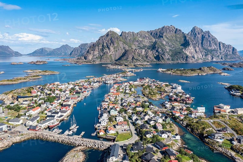 Aerial view over fishing village Henningsvaer, Lofoten, Norway, Europe