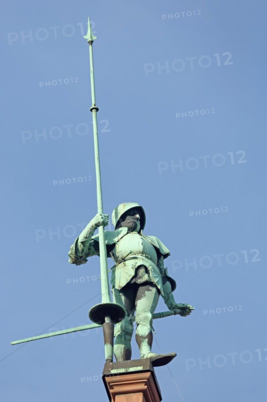 Sculpture knight with helmet, lance on roof, statue, figure, bronze, spear, armour, roof, spear, cut-out, verdigris, St. Johann New Town Hall, Saarbrücken, Saarland, Germany, Europe