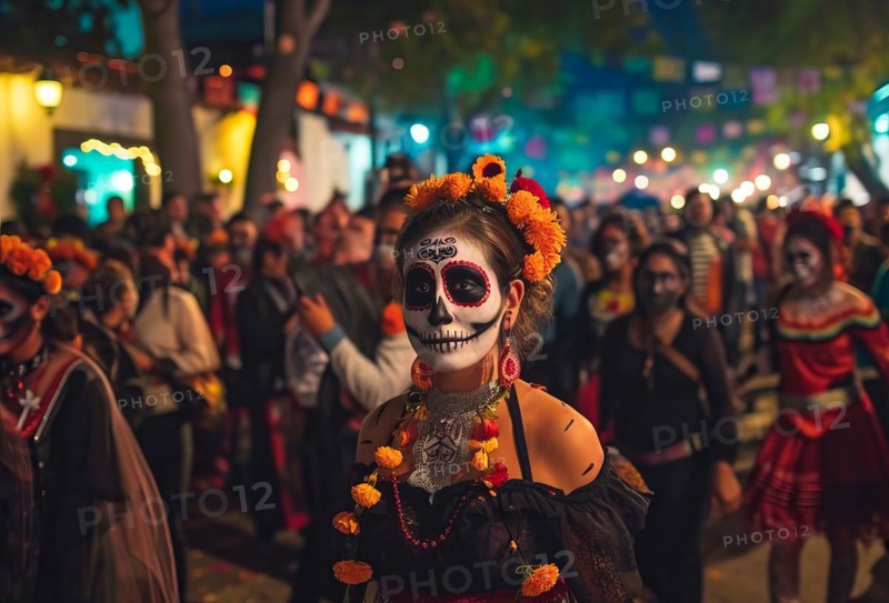 Mexican holiday Day of the Dead, Aztec celebration when families honor their ancestors, AI generated