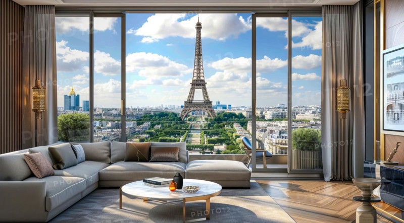 A large, modern living room with a large window overlooking the Eiffel Tower in Paris, AI generated