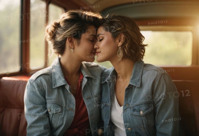 Two women are kissing each other.. Scene is romantic and intimate, AI generated
