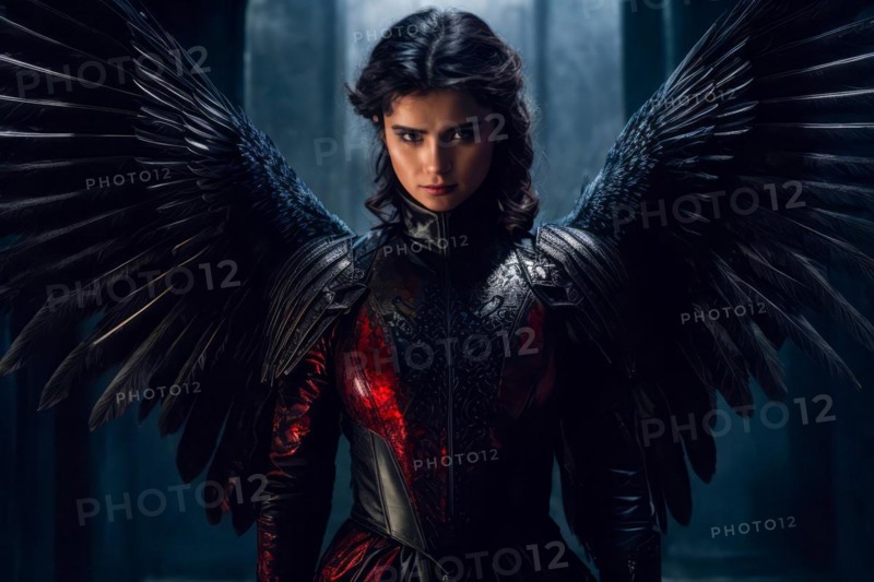 A woman in a black and red costume with wings on her back, AI generated