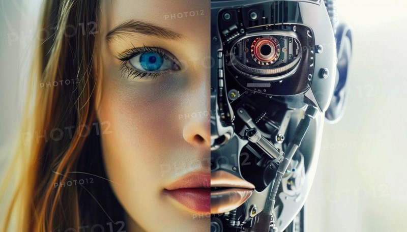 A woman's face is split in half, with one half being a robot. The image is a representation of the idea of technology and its impact on humanity. Scene is somewhat ominous, AI generated