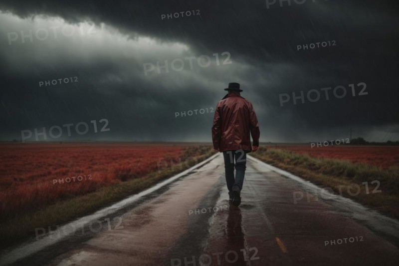 A man is walking down a road in the rain. The sky is dark and cloudy, and the man is wearing a red jacket. Scene is somber and melancholic, as the man walks alone in the rain, AI generated