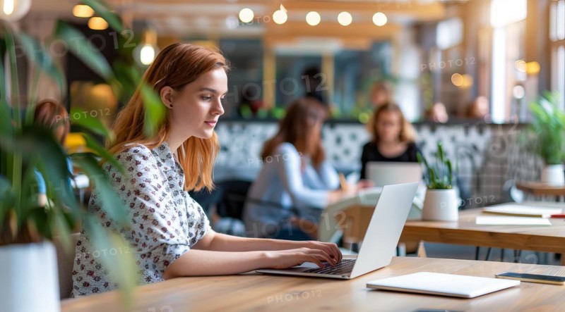 A business woman is sitting at a table with a laptop in front of her working remotely with the team at the cafe, AI generated