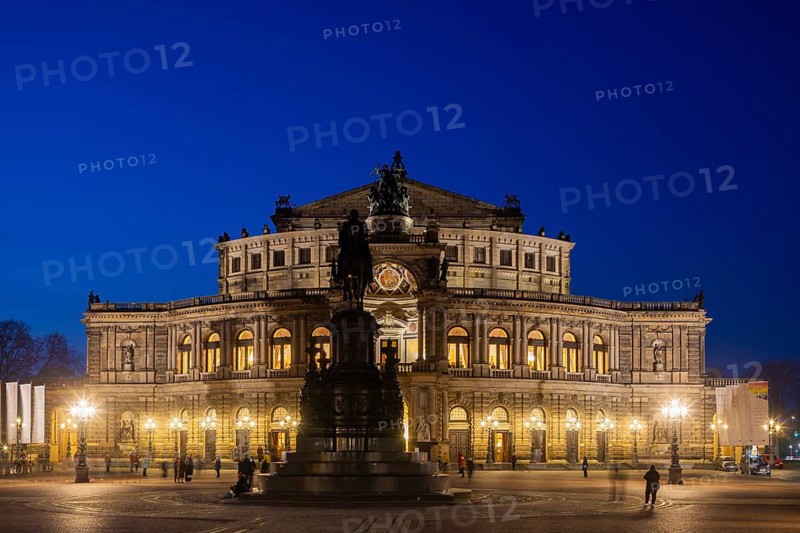 Semperoper am Theaterplatz with King Johann monument in the evening, Dresden, Saxony, Germany, Europe