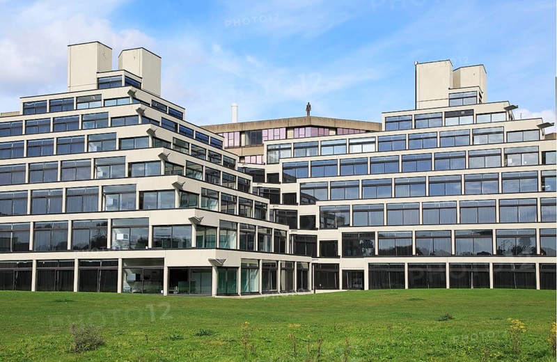 Student accommodation buildings known as Ziggurats, campus of University of East Anglia, Norwich, Norfolk, England, UK