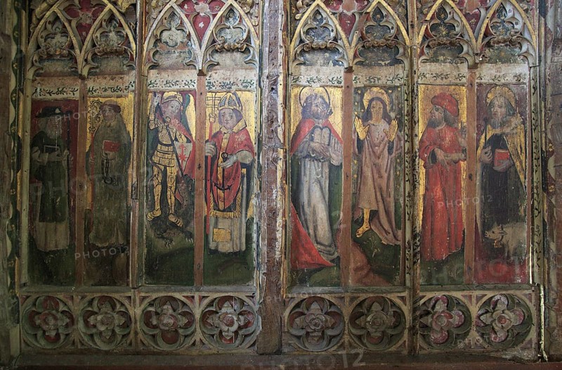 Medieval rood screen paintings, St Andrew church, Westhall, Suffolk, England, UK