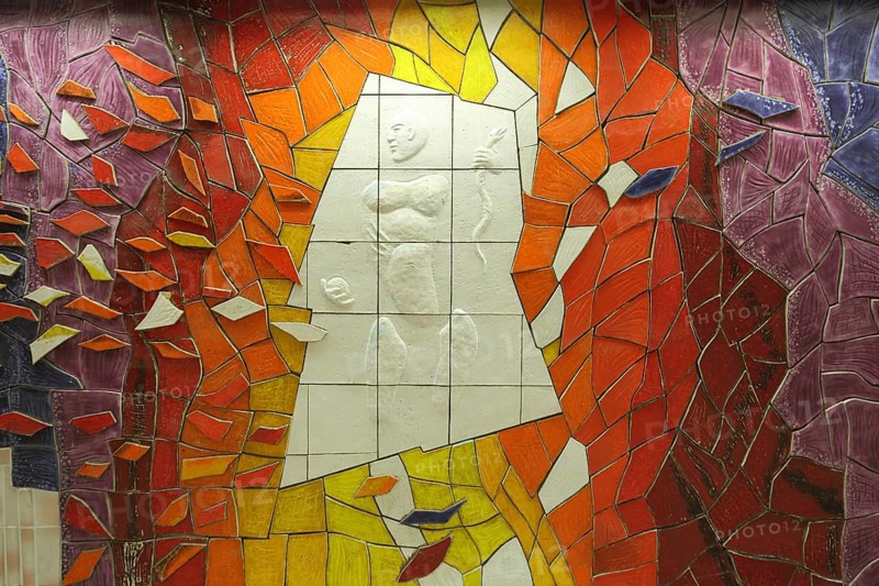 Detail of the sculpture Human Family by Peter Piniski 1992, painting, tiles, mural, modern art, white, colourful, red, yellow, figure, relief, man, snake, fragments, parts, fragments, limbs, segments, individual parts, underground station, subway, Dornbusch, Main, Frankfurt, Hesse, Germany, Europe