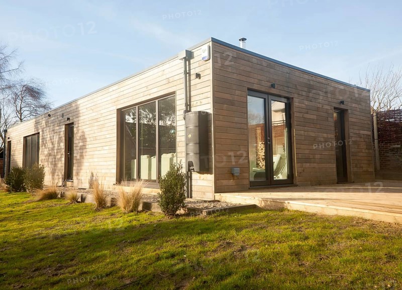 Oak panelling walls of modern newly built sustainable house at Snape, Suffolk, England, United Kingdom, Europe