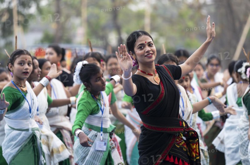 An instructor dance Bihu, as she teach participants during a Bihu dance workshop, ahead of Rongali Bihu festival, in Guwahati, Assam, India on 6 April 2024. Bihu dance is a traditional dance form from the state of Assam, associated with the Bihu festival, which marks the beginning of the Assamese New Year