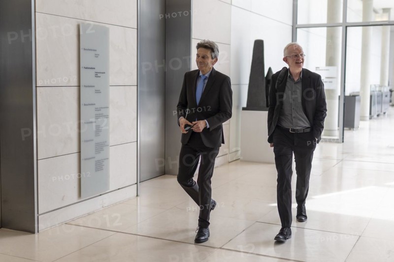 Rolf Mützenich, SPD parliamentary group leader with Ali von Wangenheim, press spokesman, pictured on the way to a press statement in front of the parliamentary group meeting of the SPD parliamentary group in the German Bundestag in Berlin, 9 April 2024