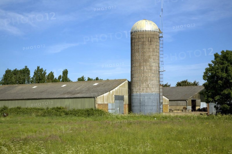 Tower silos grass storage silo in farm yard, Wickham Market, Suffolk, England, United Kingdom, Europe