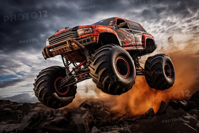 Monster truck driving and jumping outdoors amidst a cloud of dust. Thrill and adrenaline of an outdoor racing event on off-road terrain, AI generated