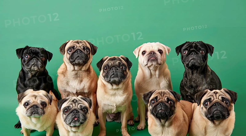 A group portrait of pugs are standing in rows, all with their tongues out, AI generated