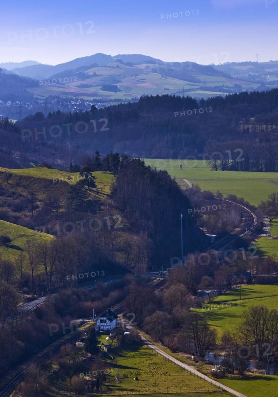 View from the Calvary into the Lower Diemel Valley, Marsberg, Sauerland, North Rhine-Westphalia, Germany, Europe