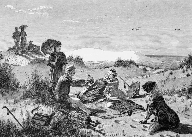 Bathers on the White Dune, Norderney, North Sea, East Frisia, Lower Saxony, dune landscape, dune grass, blanket, eating, drinking, picnic, dog, parasol, men, woman, Germany, historical illustration 1880, Europe