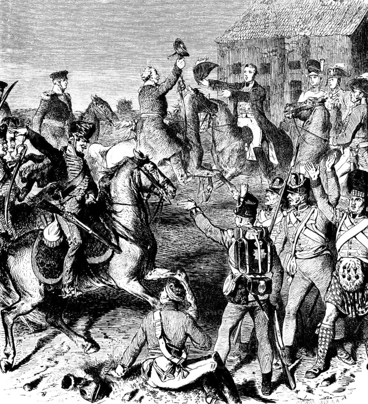 Battle of Waterloo or Belle-Alliance 1815, joyful encounter of the commanders Field Marshal Blücher and General Wellington, triumph, victor, soldiers, horsemen, army, uniforms, weapons, event, Belgium, historical illustration 1882, Europe
