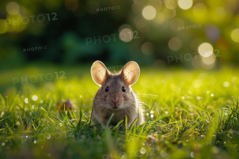 Cute mouse with large ears, exploring the vibrant green grass on a sunny day, AI generated
