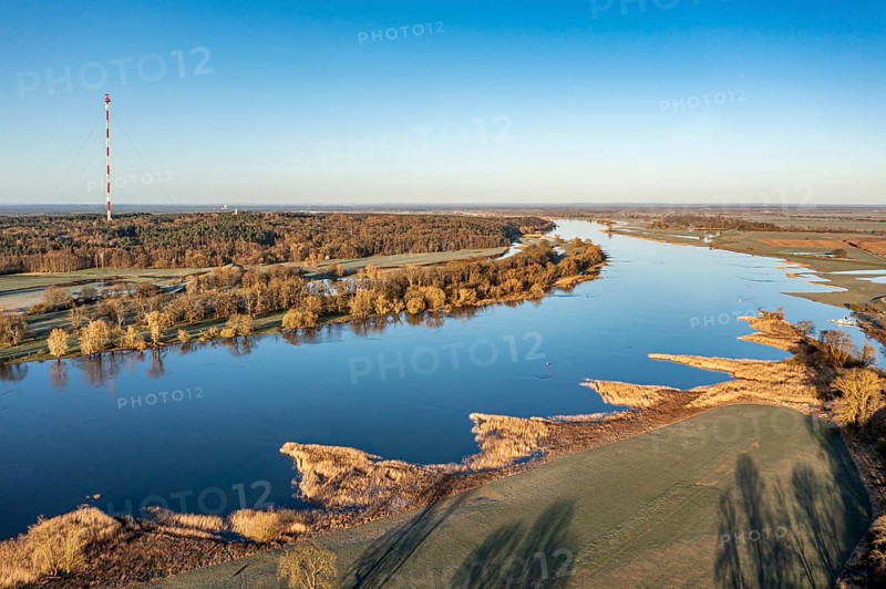 Aerial view of river Elbe near Lenzen, view to Höhbeck radio mast, early spring, Germany, Europe