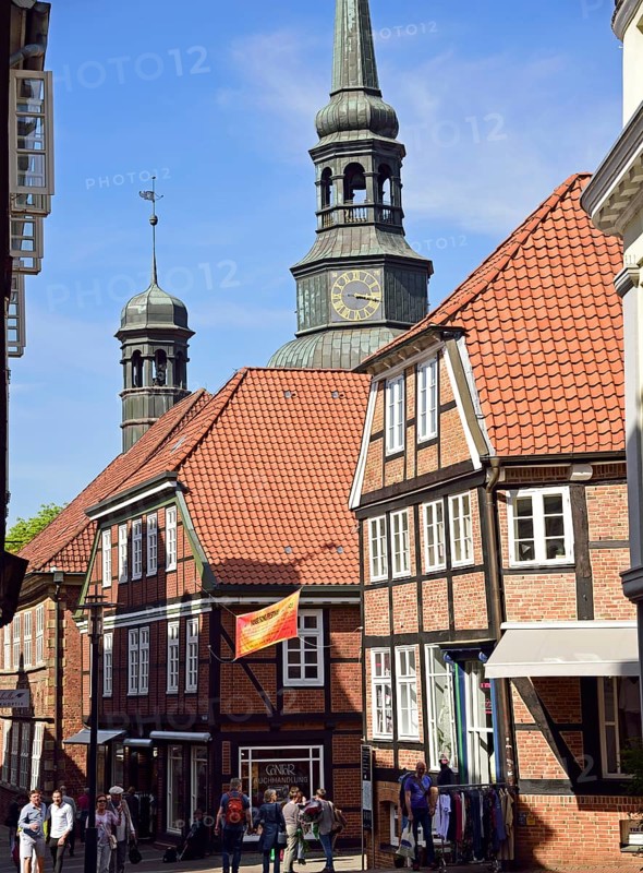 Europe, Germany, Lower Saxony, Stade, Hamburg Metropolitan Region, Hanseatic City, Old Town, View of Hökerstraße, Tower of St Cosmae et Damiani, Hamburg, Hamburg, Federal Republic of Germany, Europe