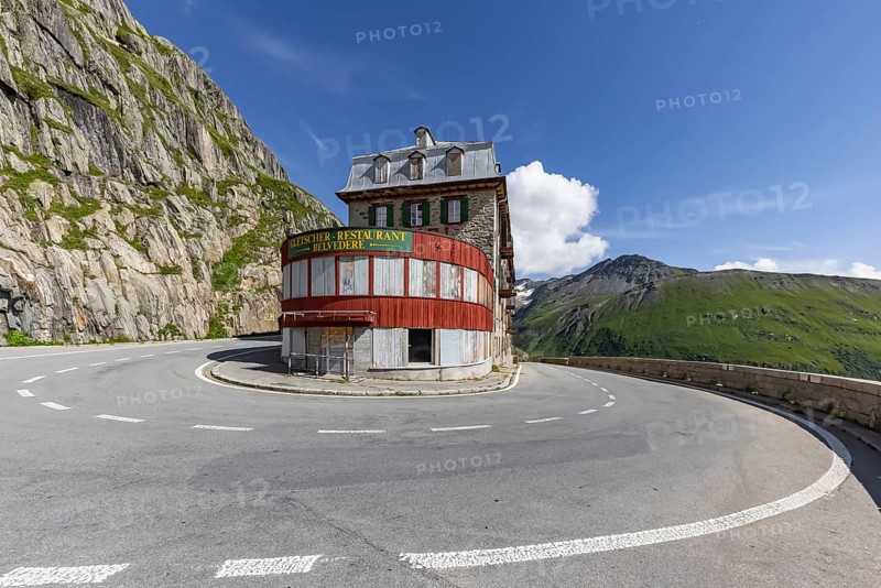 Hotel Belvédère on the Furka, the most famous pass hotel in the world. The building is closed and falling into disrepair. A lost place. Rhone Glacier. Obergoms, Canton Valais, Switzerland, Europe