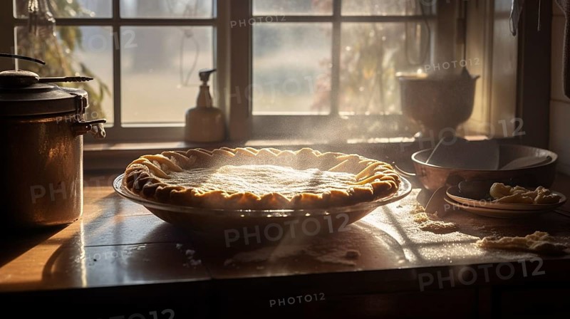 Fresh homemade pie steaming on the counter as morning light fills the kitchen, generative AI, AI generated