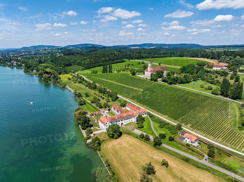 Aerial view of Maurach Castle on Lake Constance, below the Birnau pilgrimage church on a vineyard, Uhldingen-Mühlhofen, Lake Constance district, Baden-Württemberg, Germany, Europe
