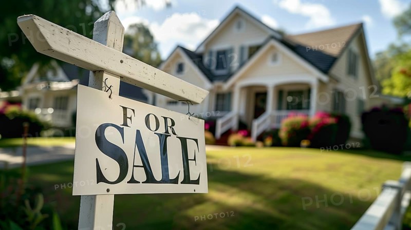 Home for sale real estate sign in front of house. generative AI, AI generated