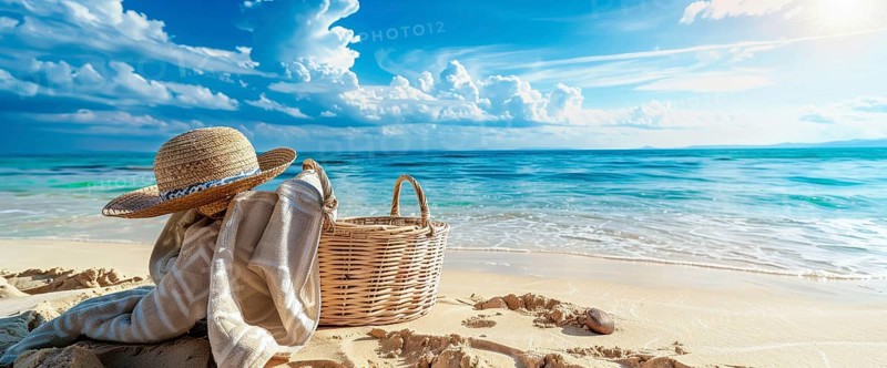 Beach scene with a straw hat, beach bag. Summer vacation, palm trees and ocean in the background, AI generated