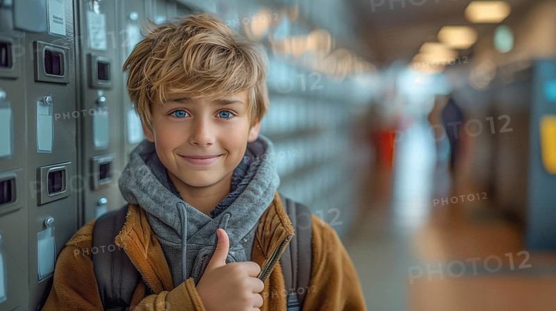 Cute caucasian school boy giving a thumbs up in the hallway of his school. generative AI, AI generated