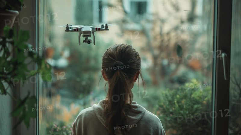 Woman seeing A UAV unmanned aircraft drone flying just outside the window of her house, AI generated