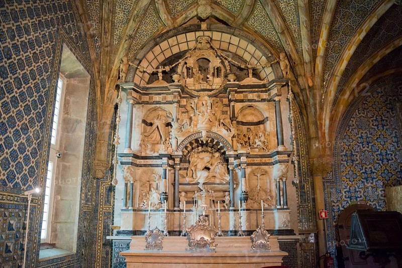 Decorative interior of a church with elaborately decorated altar and architectural works of art, Palácio Nacional da Pena, Pena National Palace, Sintra, Lisbon, World Heritage Site, UNESCO, Portugal, Europe