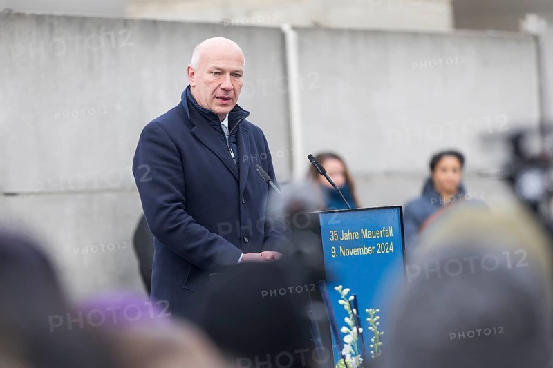 Kai Wegner (Governing Mayor of Berlin) gives a speech at the central commemorative event at the Berlin Wall Memorial to mark the 35th anniversary of the fall of the Wall in Berlin, 9 November 2024