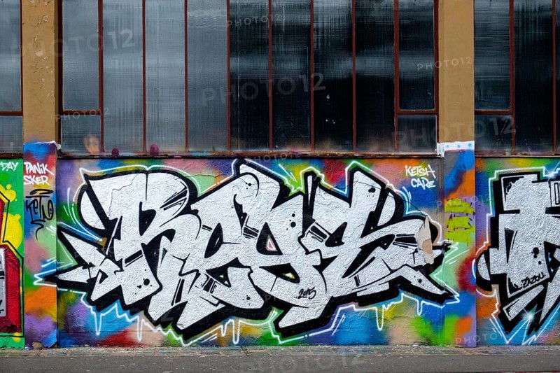 Graffiti art in dominant black and white tones with colourful accents, Landau, Rhineland-Palatinate, Germany, Europe