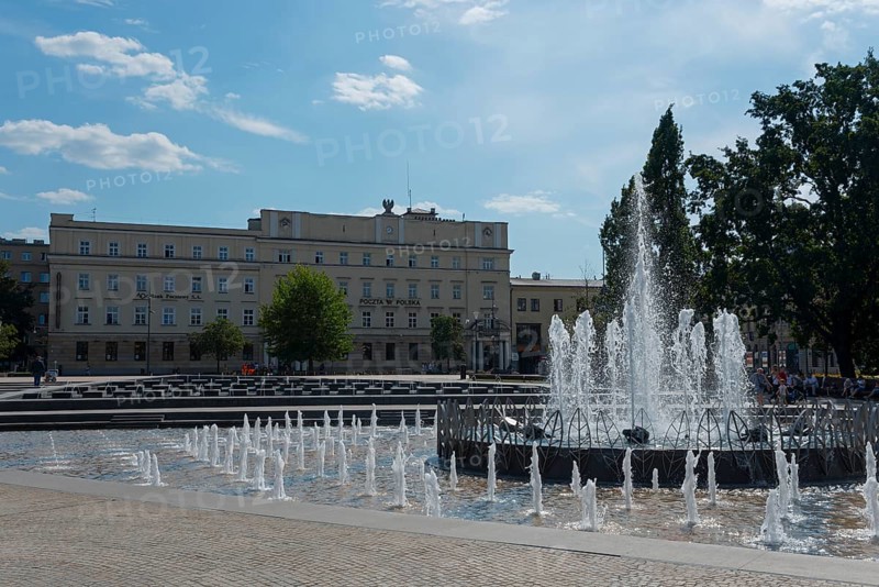 Lively public square with impressive fountain and surrounding buildings, fountain, post office, Litewski Square, Lithuanian Square, Lublin, Poland, Europe
