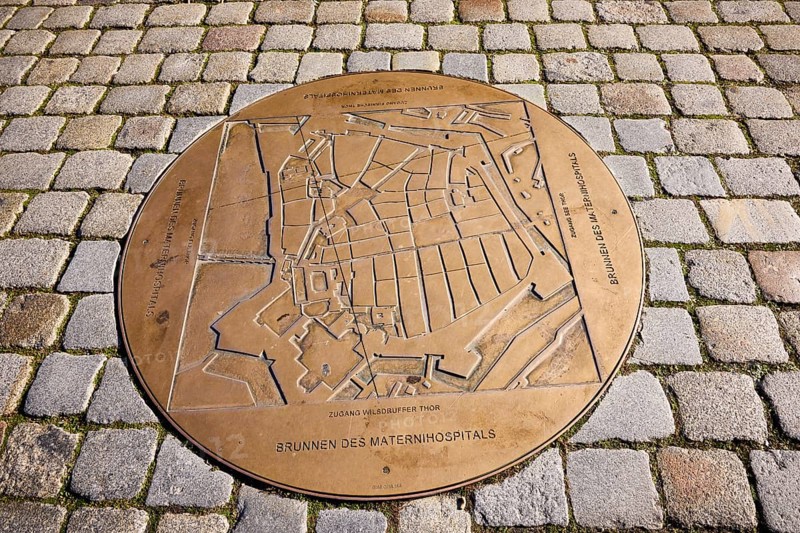 Fountain of the Materni Hospital, bronze fountain slab, cobblestone pavement, street An der Frauenkirche, Dresden, state capital, independent city, Saxony, Germany, Europe