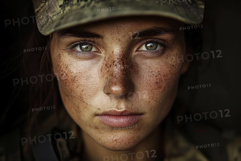 Face of young female soldier in front of dark background. Generative Ai, AI generated