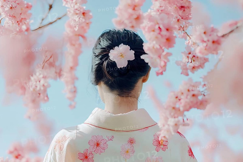 Back view of young Asian woman with white traditional Yukata garment with pink Sakura cherry blossom trees. Generative AI, AI generated
