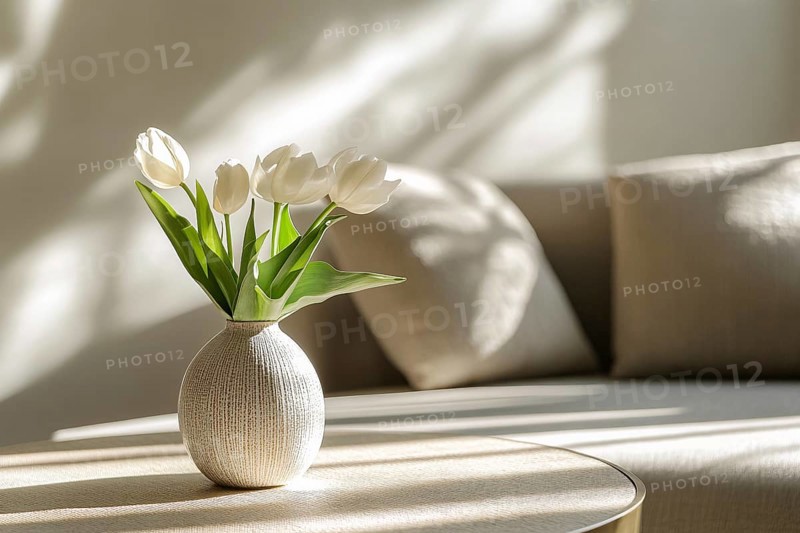 Seasonal bouquet of beautiful white tulip spring flowers in vase on coffee table in living room. Generative AI, AI generated